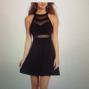 Sleeveless High-Neckline Illusion Skater Dress